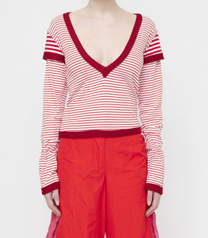 Red Stripe V Neck Top