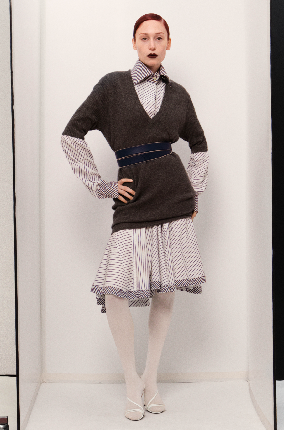 White/Navy Stripe Midi Skirt