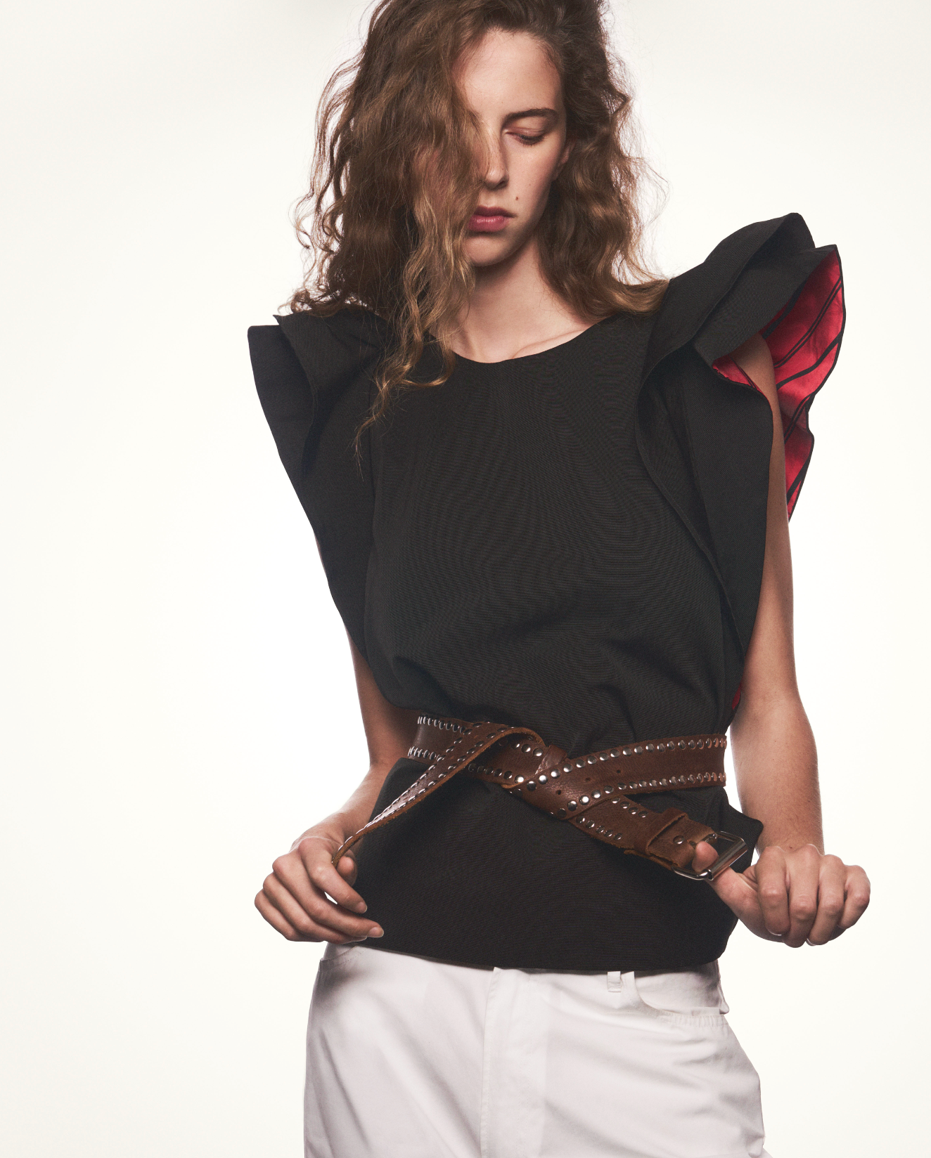 BLACK AND RED STRIPE FRILL SLEEVE PINNY TOP