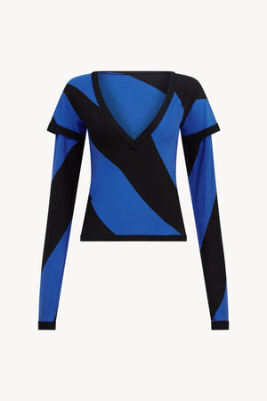BLUE AND BLACK V-NECK TOP